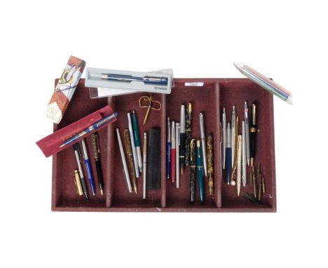 A quantity of Vintage ballpoint and fountain pens, various brands, including Parker with 2 Parker 14ct gold nibs, and 1 18ct 