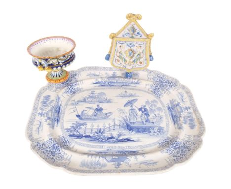 Italian Maiolica wall pocket, H22cm, Italian pedestal comport, and a Victorian blue and white printed meat plate, with chinoi