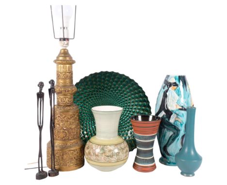 A quantity of Vintage ceramics, including a small modern West German vase, a green glazed Jersey pottery vase, a harlequin st