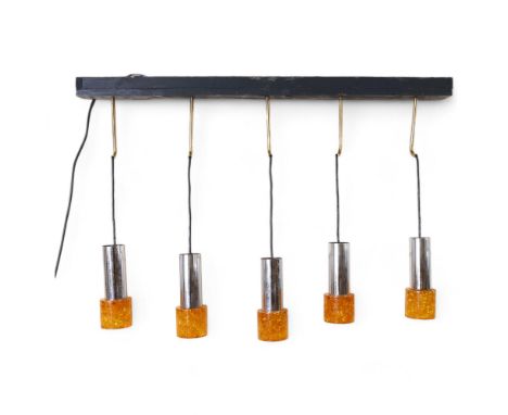 A set of 5 x 1960s'/70's polyester resin "Shatterline" pendant lamps, with polished aluminium covers, in the manner of Atlas 
