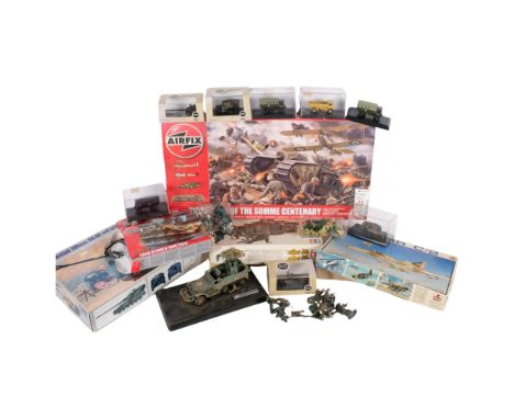 A quantity of military related plastic model display kits, generally part built, including Airfix A5108 World War I Battle Of