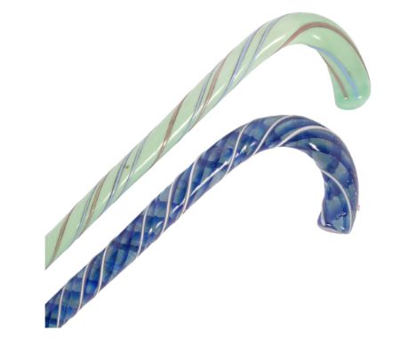 A blue milk glass ornamental walking stick, with candy twist decoration, and a Nailsea glass spiral twist Antique walking sti