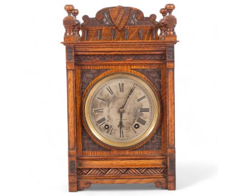A late 19th century oak 8-day mantel clock, by Winterhalder & Hofmeier, retailed by Morath of Liverpool, H35cm, W22cm, D15cm,