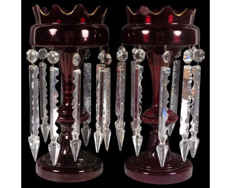 A pair of ruby glass table lustres, with arrowhead cut-glass drops, 33cm 