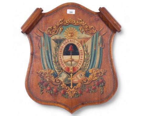 BUENOS AIRES GREAT SOUTHERN RAILWAY - a Vintage wooden shield depicting the coat of arms of The Buenos Ayres Great Southern R