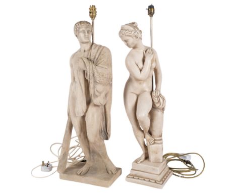 A pair of Vintage moulded plaster table lamp bases, modelled as Classical figures, height overall 70cm 