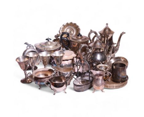 Various silver plate, including tea sets, tea caddy, makers include Aspreys 