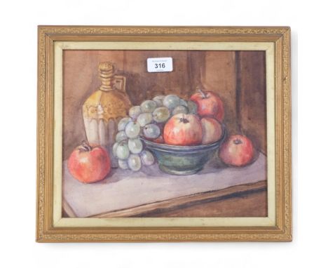 A Vintage still life watercolour study, fruit bowl on table, unsigned, in ornate glazed frame, overall 33cm x 39cm 
