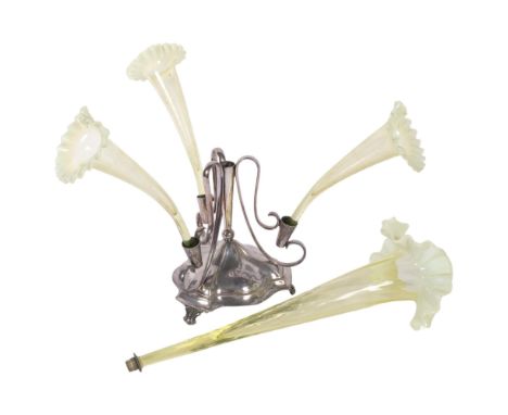 A silver plated table centre epergne stand, with 4 vaseline glass vases with frilled rims, H52cm overall (needs some repair) 