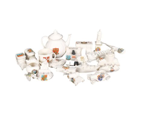 A collection of miniature Crested ware ornaments, including First World War tanks, and vehicles, a Carlton china Keep The Hom