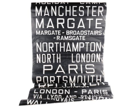 A large Vintage bus destination blind, approx 8m in length, and appears to relate to the destinations for various Continental