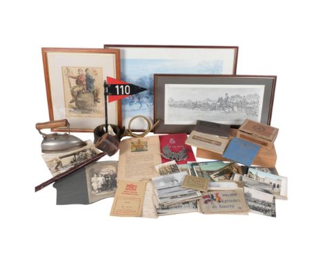 A group of items, including Irish military cartoon, prints and postcards, including military interest, military bugle, flat i
