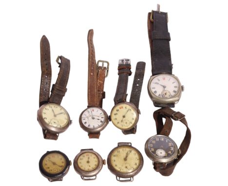8 First and Second World War Period Officer's style trench watches, including silver examples 