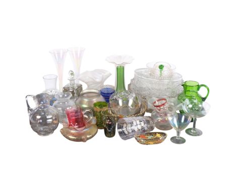 A quantity of Vintage glassware, including various iridescent glass items, champagne flutes, vases, decanters, and cut-glass 