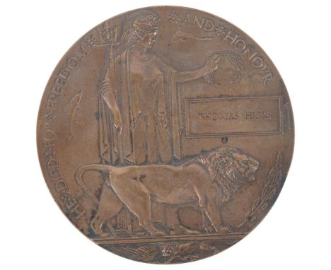 A First World War Period British Army death plaque/penny for Thomas Hicks 