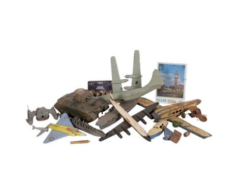 A large quantity of Vintage toys, various tinplate tanks and aeroplanes, a Cannon and Limber Hobby Craft kit, and various oth