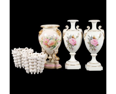 A Graingers Worcester vase, on tripod base, 22cm, a pair of Royal Worcester vases, no. 3686, and a pair of china baskets 
