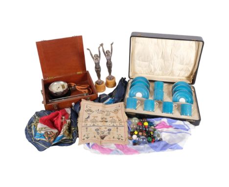 Vintage glass marbles, 1861 small sampler, Art Deco figures, Jackson & Gosling 1930s boxed coffee cans and saucers, a boxed S