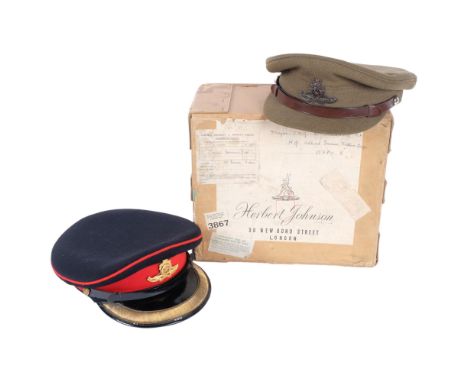 2 British Army Royal Artillery visor caps, by Herbert Johnson Ltd, in original box, addressed to Major J M G McCausland RA 