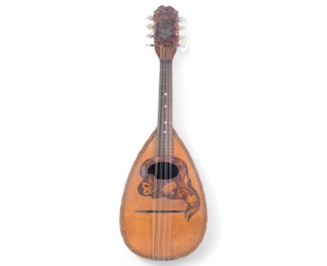A Vintage 8-string bowlback mandolin, with inlaid marquetry decoration, overall length approx 60cm 