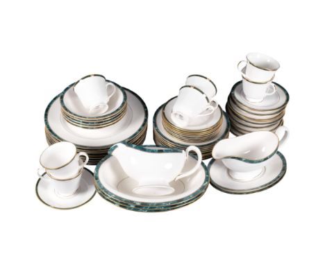 Royal Worcester porcelain dinner service, with green patterned gilded borders, and matching teaware, including 2 sauce boats 