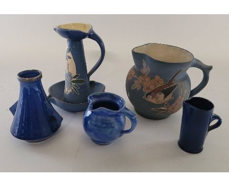 Amall group of 5  C H Branham Barnstable pottery ,to include a candlestick , large jug decorated with a bird inscribed love t