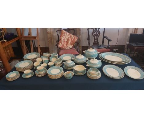  A large blue banded with gilt leaves Reverie dinner service by Clarice Cliff C1937, impressed date stamped and marked Claric