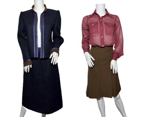 A 1970s/ 80s Louis Feraud suit in navy blue with milk chocolate wool and cornflower blue satin trim along with two 1970s does