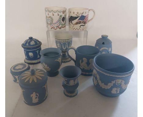 A collection of Wedgwood items to include Jasperware items ( 9) examples such as a Honey pot and a loving cup as well as a tr