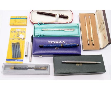 A collection of fountain pends, rollerball pens and propelling pencils. To include a silver Tiffany roller ball; a Cross prop