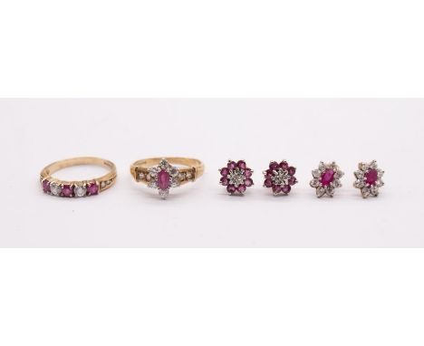 A collection of 9ct gold ruby jewellery. Comprising a ruby and cubic zirconia half hoop ring, size L; a pair of cubic zirconi