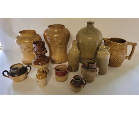 Group of 19th century stoneware , to include 2 large jars with sprig mouldings of the snuff taker 27cm and 23.5cm , a John Sm
