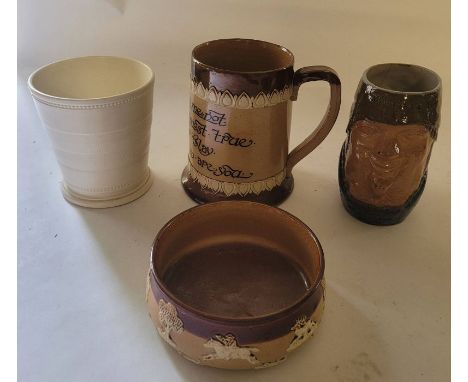 3 pieces of Royal Doulton , to include a marriage day and after marriage mug , a mug with a rhyme , a sprig moulded dish , an