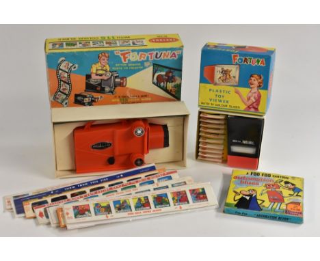 A battery operated toy projector, made by Fortuna, original box; colour slides for Chad Valley projector; Foo Foo cartoon fil