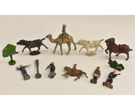 Lead Soldiers - three horses; a camel and rider; two policemen; a street light; two foot soldiers; a soldier on horse back; e