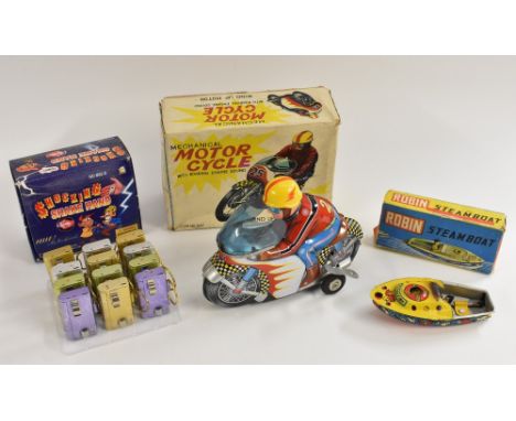A Japanese tin plate wind-up Mechanical Motor Cycle, with roaring engine sound, boxed; a Robin Steamboat, tinplate, boxed; a 