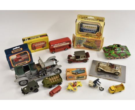 Vehicles - an Army tank with pop up soldier, made in Japan, tinplate, original box; a Routemaster bus, Budgie Models, origina