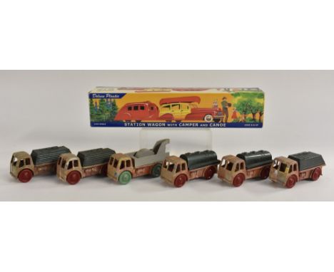 A Station Wagon with camper and canoe, made in China, plastic, in original box; six plastic vehicles, by Wells Brimtoy