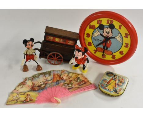 Mickey and Minnie organ grinder, plastic and wood; Disney type characters from the '50's; Disney Snow White Sharps toffee tin
