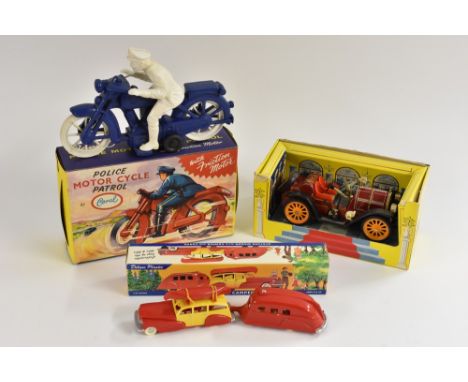 A Station wagon, with camper and canoe, plastic, boxed; a Schuco Old Timer, Merce Typ J53 1913, boxed; a Coral Police motorcy