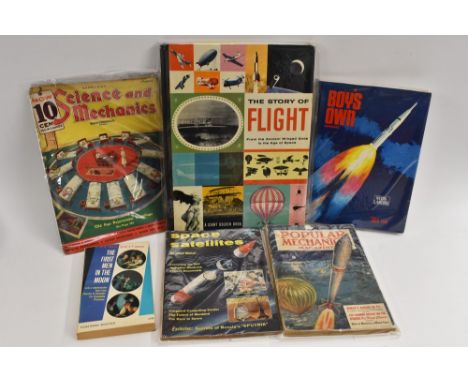 Books and Annuals - The First Men in the Moon, 1964 edition, HG Wells; Space Satellites book; 1953 Popular Mechanics; Boys Ow