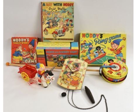 A Paiko, made in Portsmouth, UK novelty wooden Noddy clock, with instructions; a Noddy walking musical box, with lithographs 