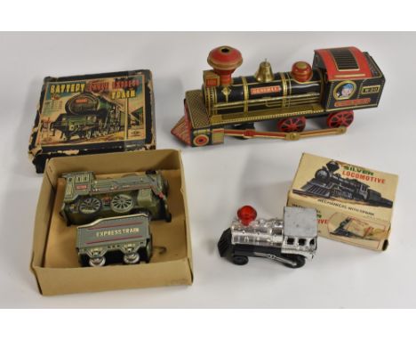 A SAN, Japan, battery operated, tin plate engine; a T N Japan cable Express Train, battery operated, in original box; a silve