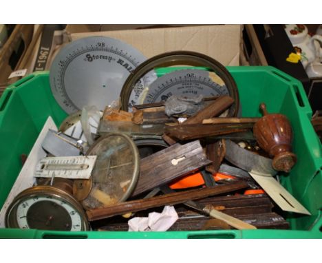 A BOX OF CLOCK AND BAROMETER PARTS ETC