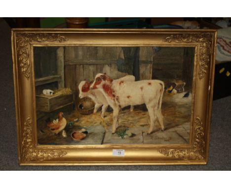 A GILT FRAMED OIL ON BOARD OF A BARN INTERIOR SCENE SIGNED R JOHNSTON
