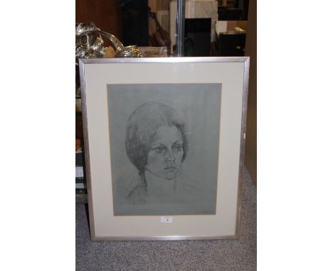 A FRAMED AND GLAZED PENCIL PORTRAIT STUDY OF A LADY SIGNED MOLLY CAWOOD