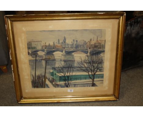 A GILT FRAMED AND GLAZED WATERCOLOUR OF A BRIDGE SIGN K SEHN