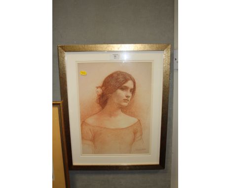 A FRAMED AND GLAZED PRINT OF PORTRAIT OF LADY CLARE BY J W WATERHOUSE
