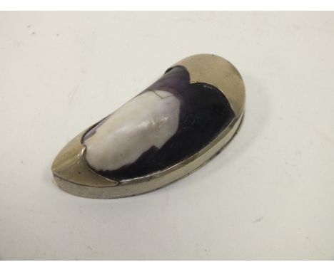 A SILVER PLATED AND MUSSEL SHELL SNUFF BOX