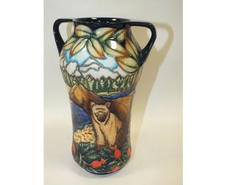 A LARGE MOORCROFT LIMITED EDITION TWIN HANDLED 'BROWN BEAR' PATTERN VASE 129/200 